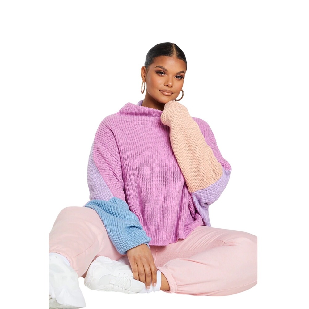 PrettyLittleThing Sweater Womens Size Medium Pink Colorblock Chunky Ribbed Knit